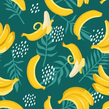 Vector summer exotic pattern with yellow bananas, flowers and leaves. Stock Illustration