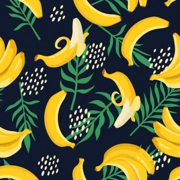 Vector summer exotic pattern with yellow bananas, flowers and leaves. Illustrazione stock