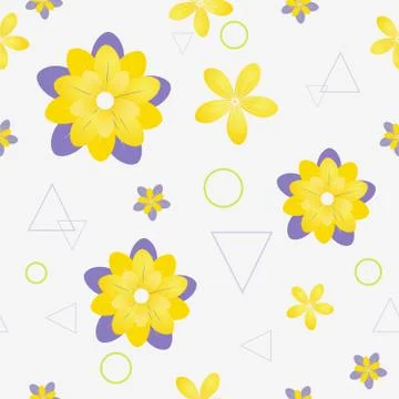 Vector summer flowers with triangles and circles. Seamless pattern with daisi Stock Illustration