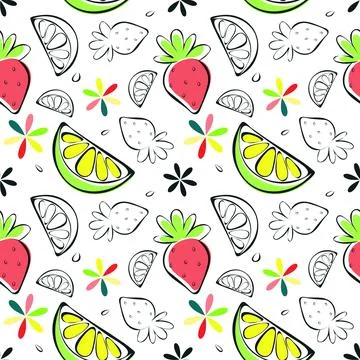 Vector summer fruits seamless pattern, sketch hand drawn lemon slice, strawberry Stock Illustration