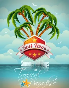 Vector Summer Holiday Flyer Design with palm trees and Best Tour Banner on se Stock-Illustration