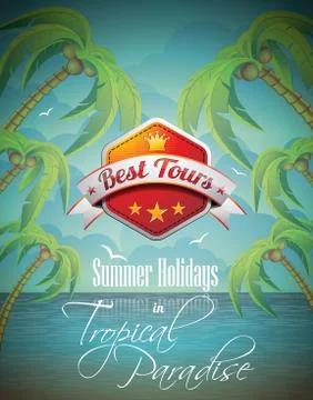 Vector Summer Holiday Flyer Design with palm trees and Best Tour Banner on se Stock Illustration