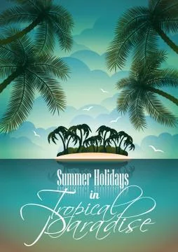 Vector Summer Holiday Flyer Design with palm trees and Paradise Island on clo Stock Illustration