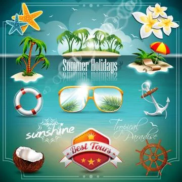 Vector Summer Holiday Icon set on blue sea background Stock Illustration