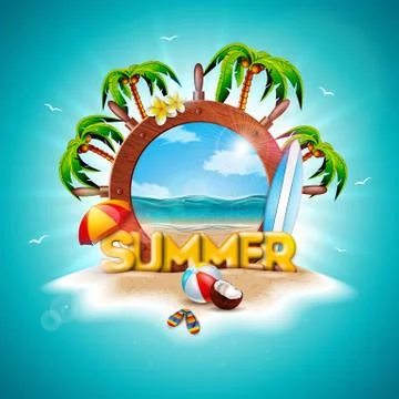 Vector Summer Holiday Illustration with Ship Steering Wheel and Exotic Palm Illustrazione stock