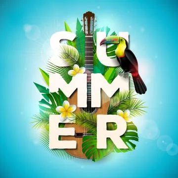 Vector Summer Holiday typographic illustration with toucan bird, acoustic guitar Stock Illustration