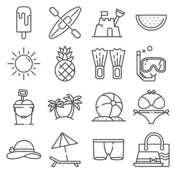 Vector Summer icons gray thin line set Stock Illustration