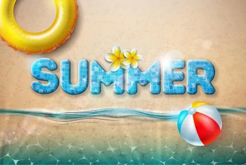Vector Summer Illustration with Beach Ball and Float on Sandy Ocean Background Stock Illustration