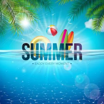 Vector Summer Illustration with Beach Ball, Palm Leaves, Surf Board and 3d Stock Illustration