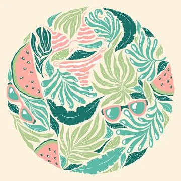 Vector summer illustration with hand drawn watermelons, plants, sunglasses,.. Stock Illustration