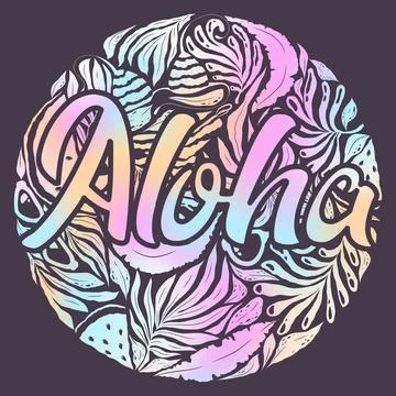 Vector summer illustration with hand drawn plant elements, lettering Aloha .. 스톡 일러스트