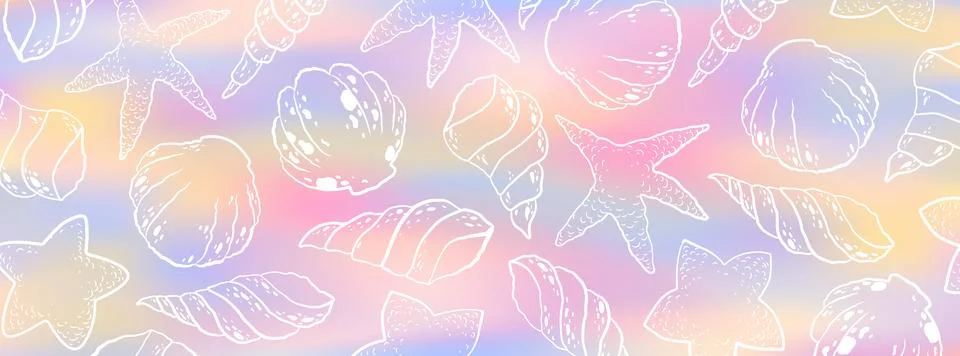 Vector summer illustration with hand drawn seashells pattern on colorful ba.. Illustrazione stock