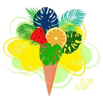 Vector summer illustration with waffle cup and summer concept elements Stock Illustration