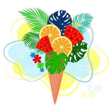 Vector summer illustration with waffle cup and summer concept elements Stock Illustration