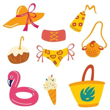 Vector summer items. Women's beach elements. Summer ?lothes, bag, hat, sun cr Stock Illustration