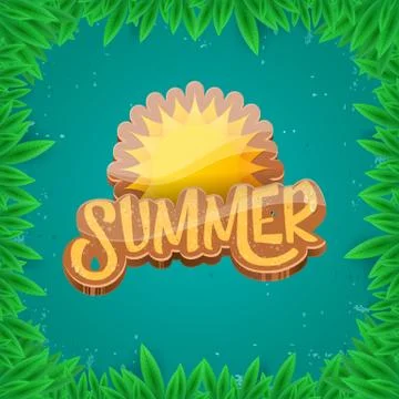 Vector summer label paper art syle on green foliage background . Summer beach Stock Illustration
