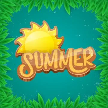 Vector summer label paper art syle on green foliage background . Summer beach 스톡 일러스트