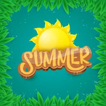 Vector summer label paper art syle on green foliage background . Summer beach Stock Illustration