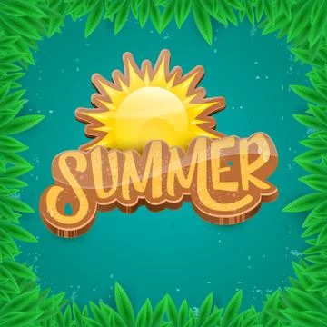 Vector summer label paper art syle on green foliage background . Summer beach Stock Illustration