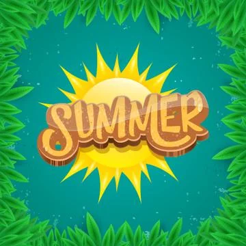 Vector summer label paper art syle on green foliage background . Summer beach Illustrazione stock