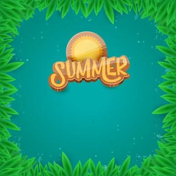 Vector summer label paper art syle on green foliage background . Summer beach Stock Illustration
