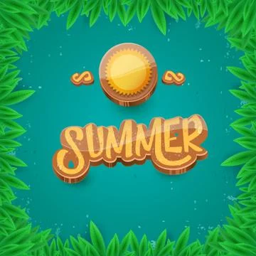 Vector summer label paper art syle on green foliage background . Summer beach Stock Illustration