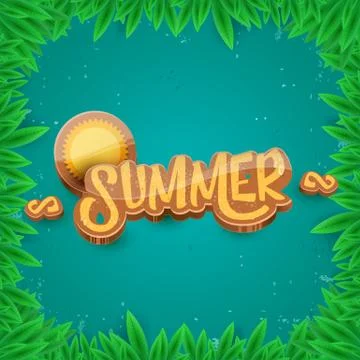 Vector summer label paper art syle on green foliage background . Summer beach Stock Illustration
