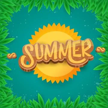 Vector summer label paper art syle on green foliage background . Summer beach Illustrazione stock