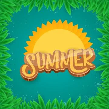 Vector summer label paper art syle on green foliage background . Summer beach 스톡 일러스트