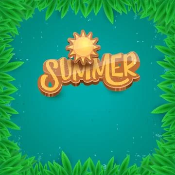 Vector summer label paper art syle on green foliage background . Summer beach Illustrazione stock