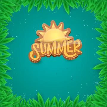 Vector summer label paper art syle on green foliage background . Summer beach Stock Illustration
