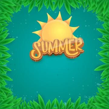 Vector summer label paper art syle on green foliage background . Summer beach Illustrazione stock