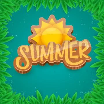 Vector summer label paper art syle on green foliage background . Summer beach Illustrazione stock