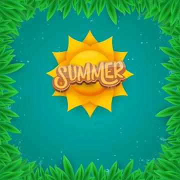 Vector summer label paper art syle on green foliage background . Summer beach Illustrazione stock
