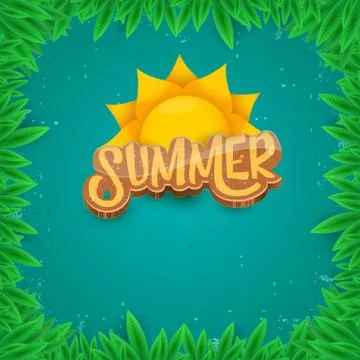 Vector summer label paper art syle on green foliage background . Summer beach Stock Illustration