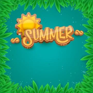 Vector summer label paper art syle on green foliage background . Summer beach Stock Illustration