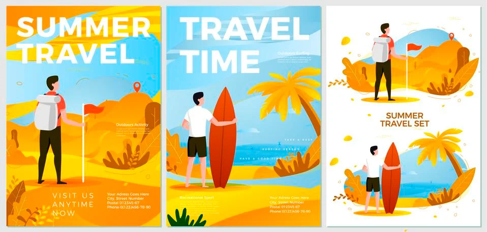 Vector summer leisure posters set - hiking and surfing man. Mountains, ocean Stock Illustration