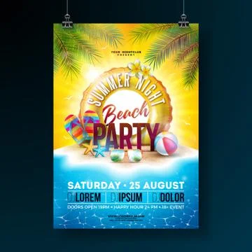 Vector Summer Night Beach Party Flyer Design with Tropical Palm Leaves and Float Stock Illustration
