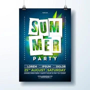 Vector Summer Party Flyer Design with tropical leaves and flower on blue Stock-Illustration