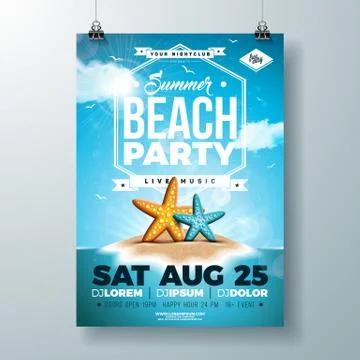 Vector Summer Party Flyer Design with Starfish and Tropical Island on Ocean Blue Stock Illustration