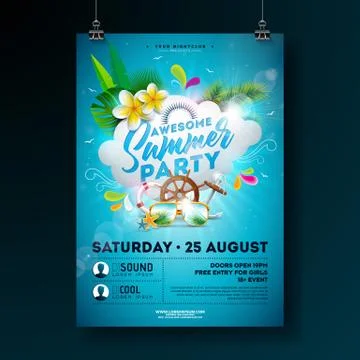 Vector Summer Party Flyer Design with flower, palm trees and sunglasses on ocean Stock-Illustration