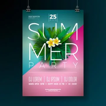 Vector Summer Party Flyer Design with Flower and Tropical Palm Leaves on Blue Stock Illustration