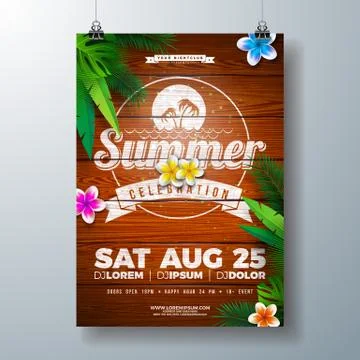Vector Summer Party Flyer Design with Flower and Tropical Palm Leaves on Vintage Stock Illustration