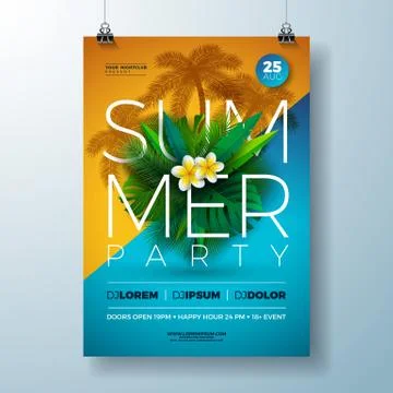 Vector Summer Party Flyer Design with Flower and Tropical Palm Leaves on Blue Stock-Illustration