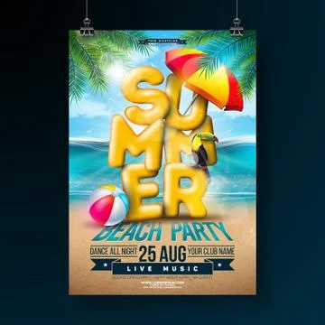 Vector Summer Party Flyer Design with 3d Typography Letter and Tropical Palm Stock Illustration