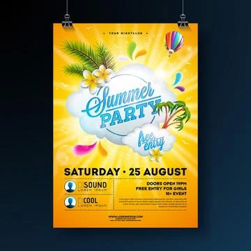 Vector Summer Party Flyer Design with flower, palm trees and sun glasses on s Stock Illustration