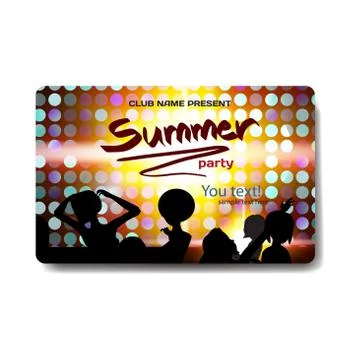 Vector summer party flyer disco style. Night beach, dj, women, t Stock Illustration