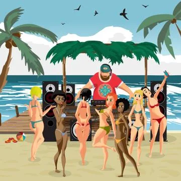 Vector summer party invitation beach style. Day beach, dj with s Stock Illustration