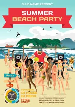 Vector summer party invitation beach style. Day beach, dj with s Stock Illustration