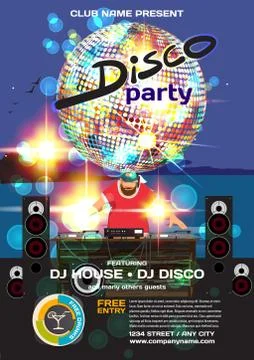 Vector summer party invitation disco style. Night beach, dj, pal Stock Illustration